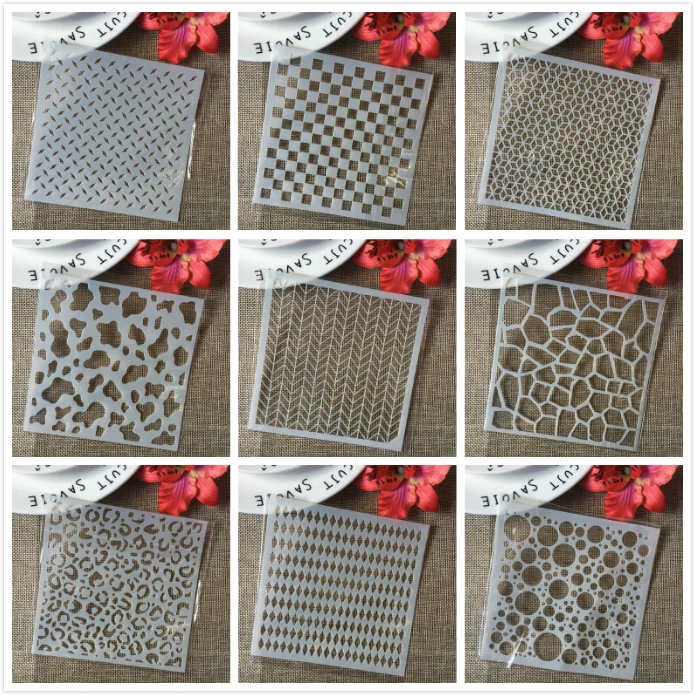 

9Pcs/Set 5" Block Board Grid Texture DIY Layering Stencils Painting Scrapbook Coloring Embossing Album Decorative Card Template