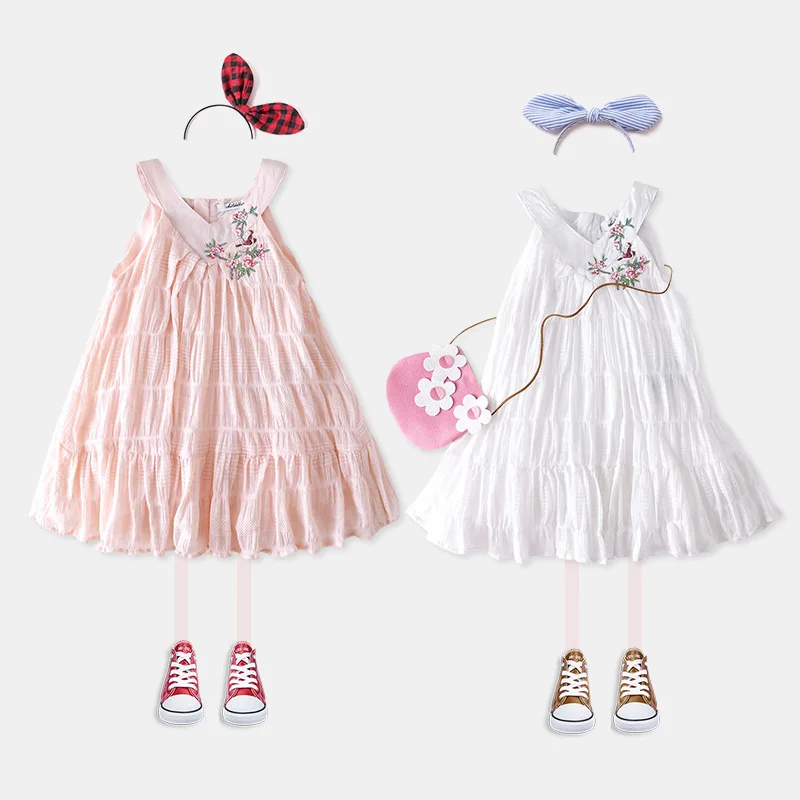 

2018 summer new girls dress cotton strap embroidery vest dress