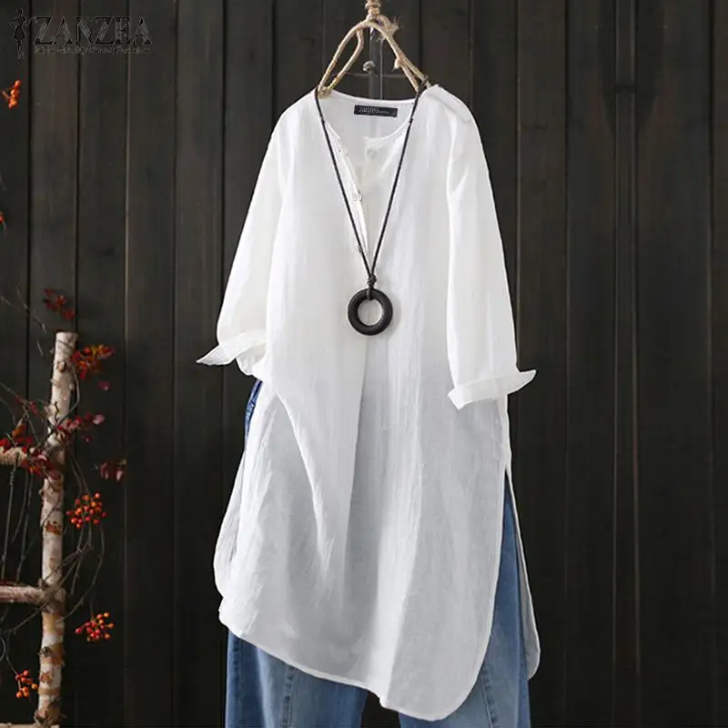 

Fashion Summer Casual 3/4 Sleeve Tunic Tops ZANZEA Women Split Hem Cotton Blouse Female Work OL Blouse Solid Blusas Chemise 5XL