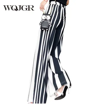 

WQJGR Fashion Pantalon Femme High Waist Chiffon Wide Leg Pants Woman Black White Vertical Stripe Trousers Women