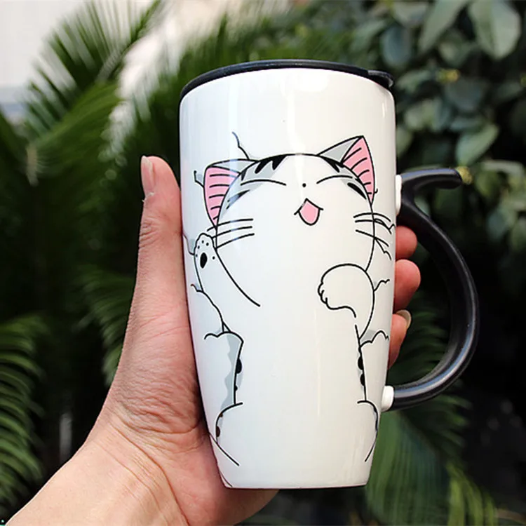 Милая кошка керамическая кружка с крышкой мультфильм молоко кофе чай чашки животных керамические кружки детский подарок большой емкости 600 мл