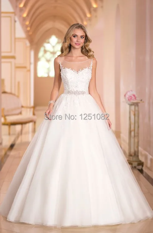 Органза Платье De Casamento Scoop Узелок A-Line Appliques Створок Свадебные Платья Халат Де Mariage |