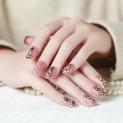 Розовые блестящие накладные ногти 3D Rhinestone полное покрытие Art накладные ногти с клеем искусственных свадебные Полный Типсы 24 шт./компл