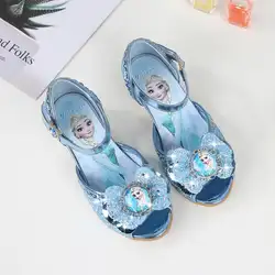 Сандалии для девочек, детская обувь принцессы, сандалии на высоком каблуке, сандалии с открытым носком, с рисунком Эльзы, детская обувь