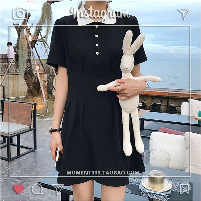 

Summer Simple Lack Dress a Line Kawaii Short Sleeve Buttons Dress Robe Femme Vestido Mujer Vestiti Donna