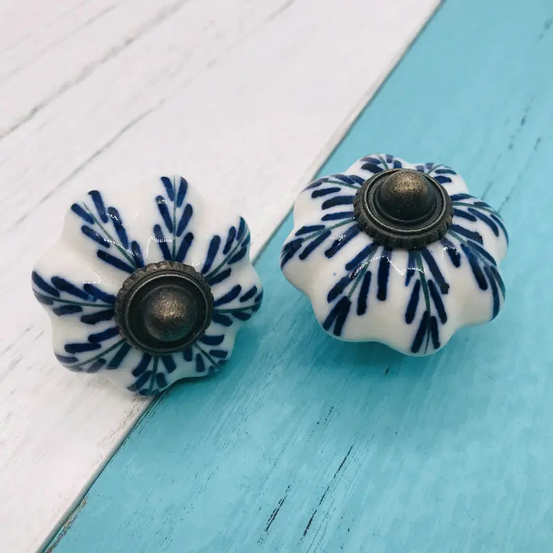 Set of 10 Ceramic Blue and White Ceramic Decorative Antique Door Knobs Interior door Pumpkin Knobs and Pulls for Cabinet Kids