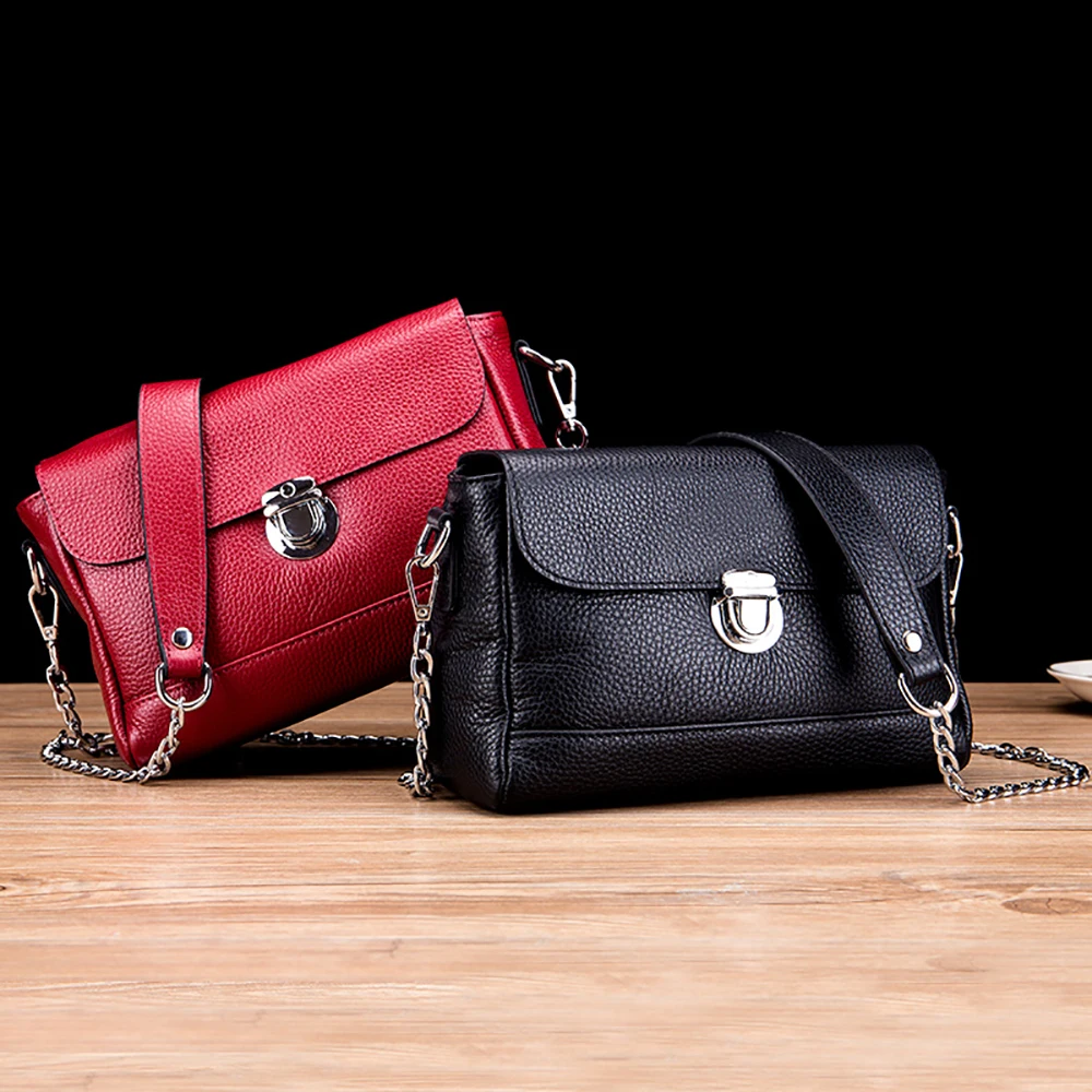 

New Cowhide Women's Messenger Bags Ladies Shoulder Crossbody Chain Bag Small Black Red Flap Bolsa Women Genuine Leather Bag