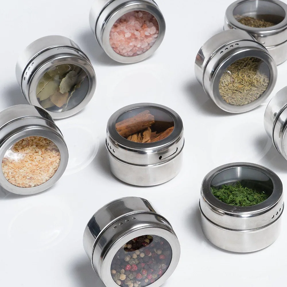 12pcs/set Clear Lid Magnetic Spice Tin Jar Stainless Steel Sauce Storage Container Jars Kitchen Condiment Holder Houseware | Дом и сад
