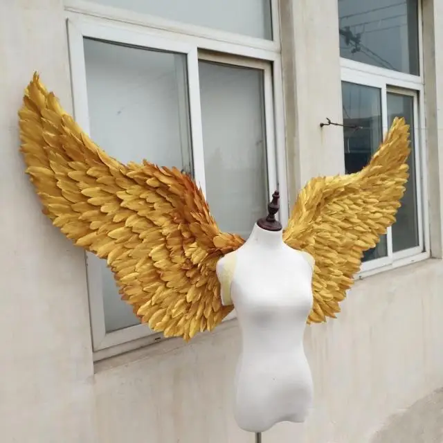 Высококачественные золотые крылья Ангела из перьев с цветными огнями взрослые большие демонские крылья сценическое шоу съемки свадебные реквизит
