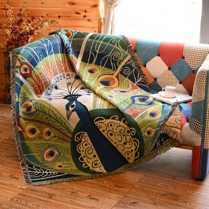 Vintage Kilim Peacock Chair Blanket Throws Geometric Carpet For Living Room Bedroom Rug Bedspread Dust Cover Table Cloth