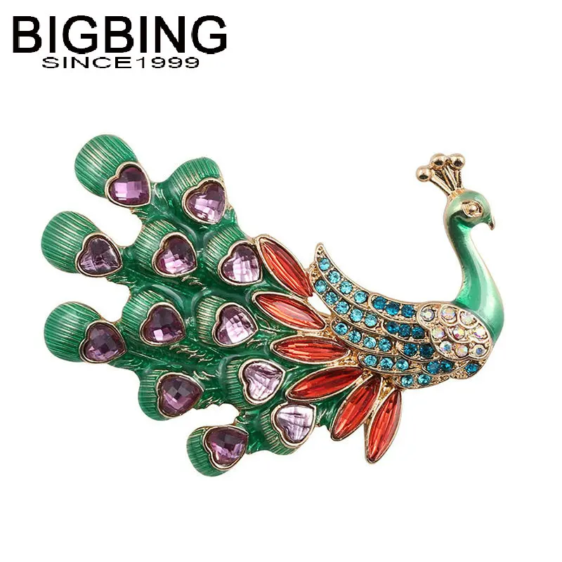 Q034 BIGBING Модная бижутерия брошь с зеленым кристаллом павлин модная женская