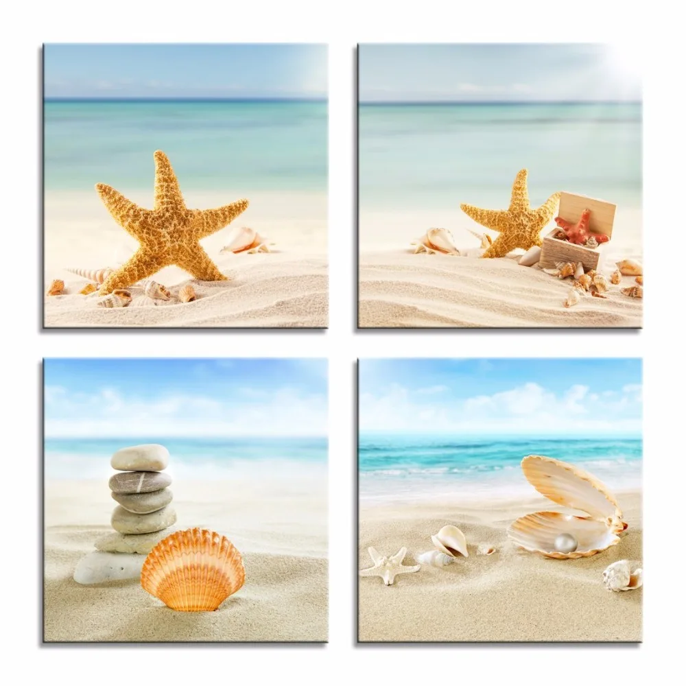 

4 Pieces/set Wall Art Modern Print Canvas Paintings Sea Beach Shell Starfish Wall Pictures For Home Decor Frameless