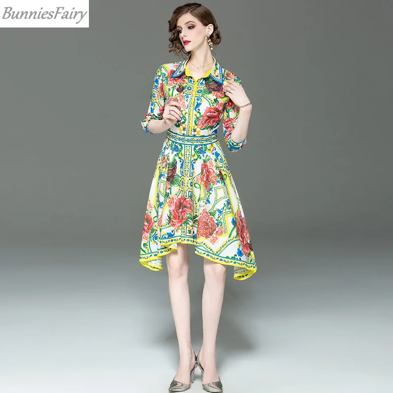 

BunniesFairy 2019 Summer New Women Vintage Retro Floral Print Irregular Chic Dress