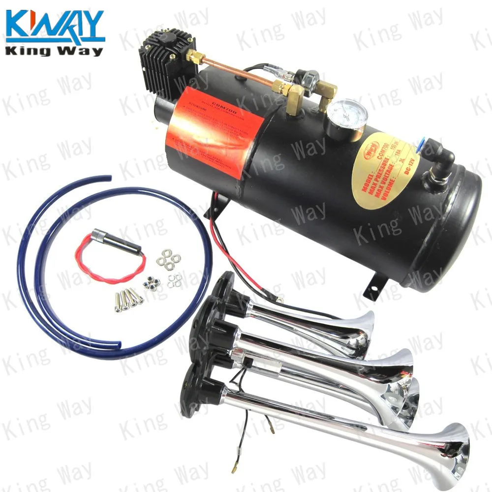 

FREE SHIPPING-King Way-Chrome Four Trumpet Compact Train Air Horn with 125 PSI 3 Liter Air Compressor