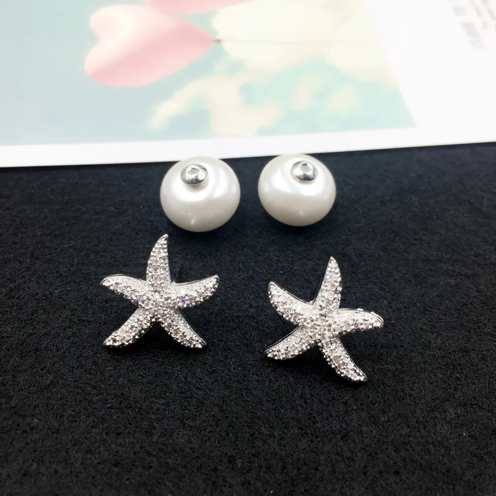 

New 925 Sterling Silver Needle Imitation Pearl Stud Earrings Fashion Zircon Starfish Earring Wedding Jewelry Gift