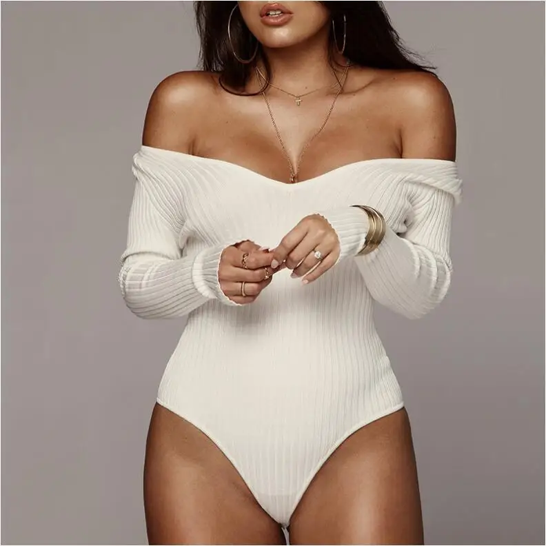 

Off Shoulder Ribbed Knitted Sexy Bodysuit Women Black V Neck Autumn Slim Rompers Womens Jumpsuit Winter Basic Bodysuits