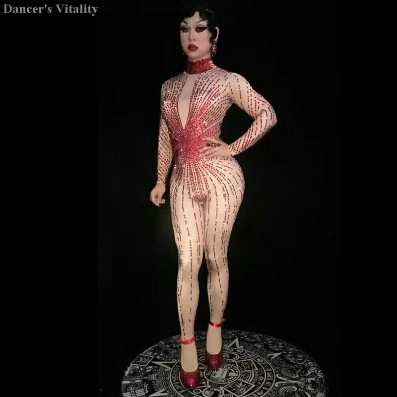 

Dj Red Full Diamond Long Sleeve Siamese Trousers One Piece Bodysuit Costume adult stage costumeJumpsuit Stage Outfit Singer Sexy