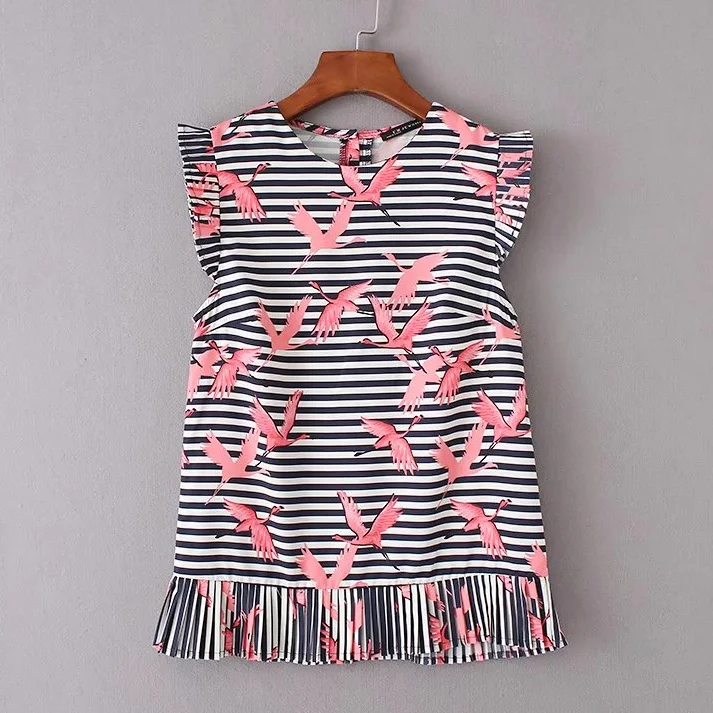 

women vintage striped crane printed pleated blouses shirt sleeveless o neck femininas blusas slim top