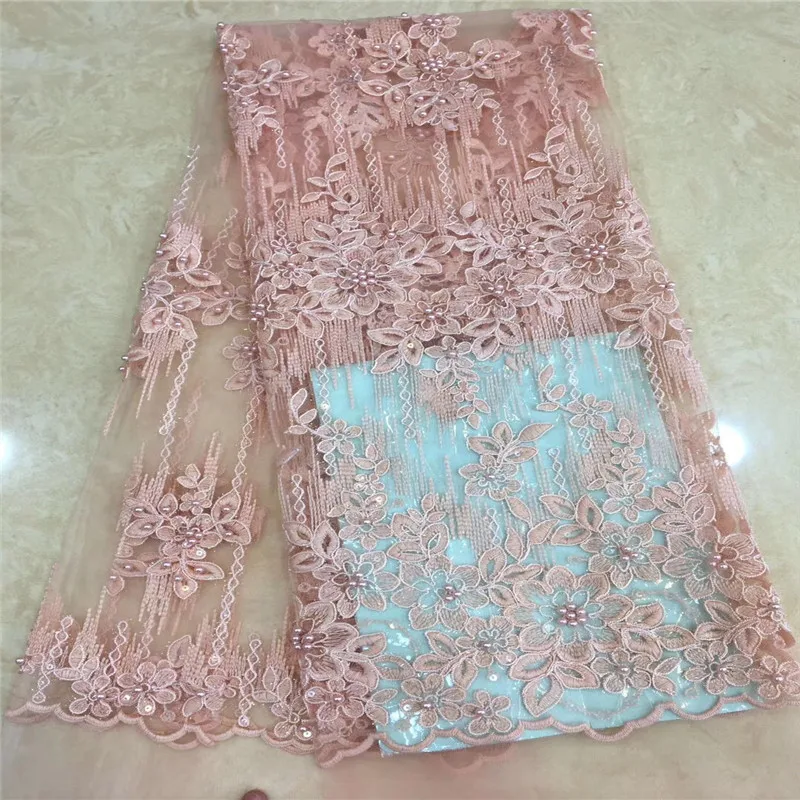 

Peach Color African Lace Fabric 3D Flowers Tulle Lace Fabric With Beads Nigerian Tulle Lace Fabric HX1171-2