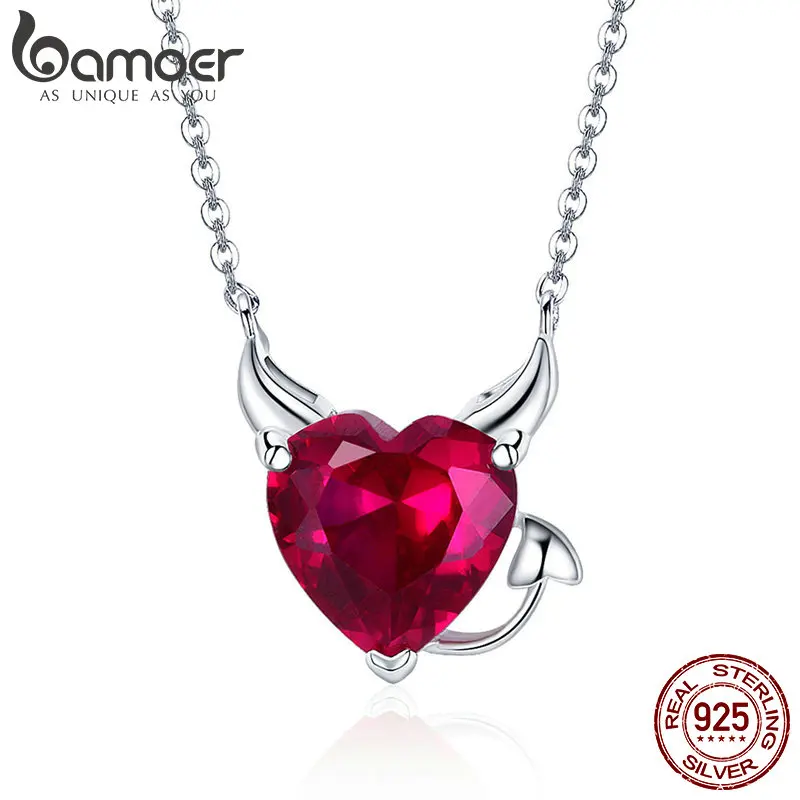 BAMOER New Collection 100% 925 Sterling Silver Devil Wings Red CZ Necklaces Pendant For Women Fashion Silver Jewelry SCN286