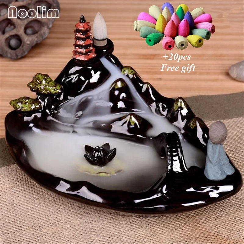 

Big Size Mountain River Ceramic Backflow Incense Burner Tabletop Micro Landscape Home Decor Aromatherapy Censer+10Pcs Free Cones