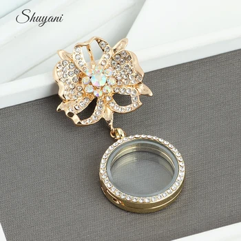 

10PCS Fashion Crystal Flower Brooches Pins with 30mm Round Floating Locket Brooch Pendant Corsage for Women Wedding Jewelry