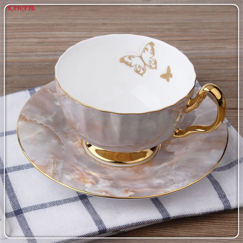 1 Set Creative Hand-drawn Ceramic Coffee Cup With Saucer European Style Coffee Cup Marble Pattern Ceramic Milk Cup 6ZDZ486