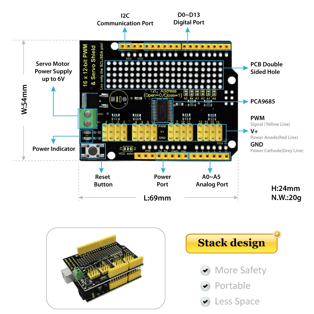 Keyestudio 16-channel Servo Motor Drive Shield For Arduino