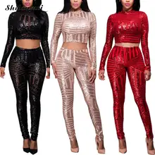 Womens Two Piece Sets 2017 Sexy Club Wear Long Sleeve Sequin Party Set Crop Top + Tight Pants Ensemble Femme Deux Pieces