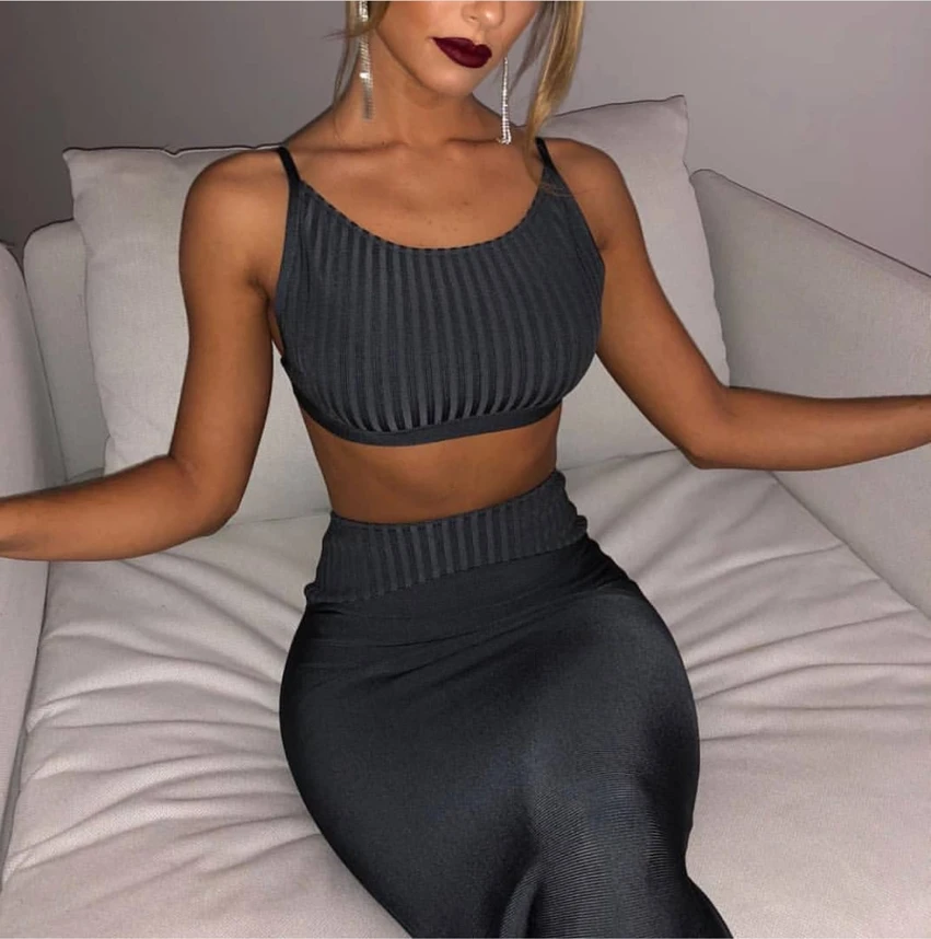 

KLEEZY 2019 Women Two Piece Sets Summer Sexy Backless Spaghetti Strap Bodycon Deep-v Bandage Dress Fashion Club Vestido HL4810