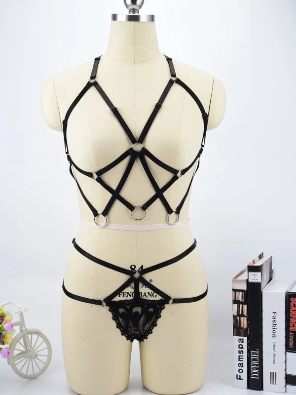 

Fashion gothic body harness cage bra Pole dance harness Sexy Thong Panties Female body harness belt Lace G String fetish bra