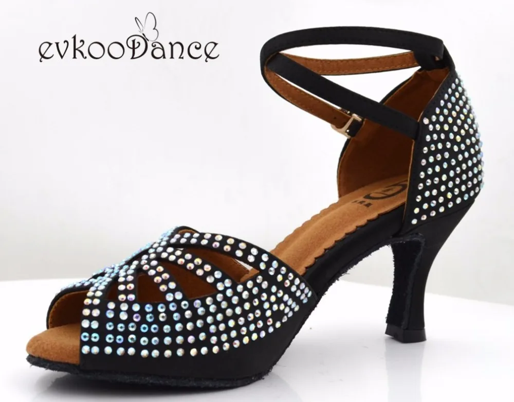 Black Satin With Diamond US 4-12 Heel Height 7 CM Professional Open Toe Latin Dance Shoes For Girls NL201 | Спорт и развлечения