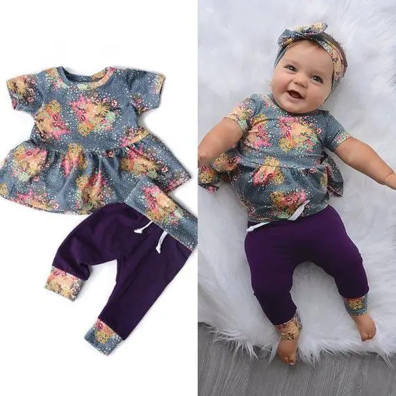 

3PCS Toddler Kids Baby Girls Clothes Sets Summer Floral T-shirt Tops Long Pants Headbands Casual Outfits Set Baby Clothing