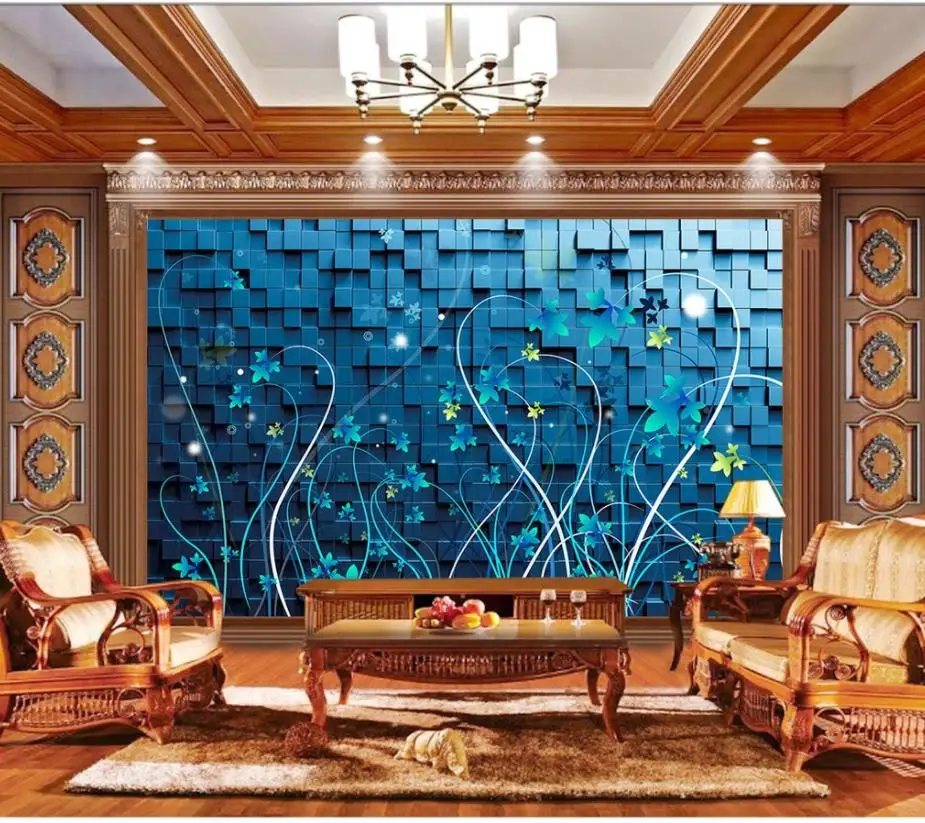 Custom Any Size Mural Wallpaper Stereo squares featured lines flowers living room background wall painting Custom Any Size Mural Wallpaper Stereo squares featured lines flowers living room background wall painting