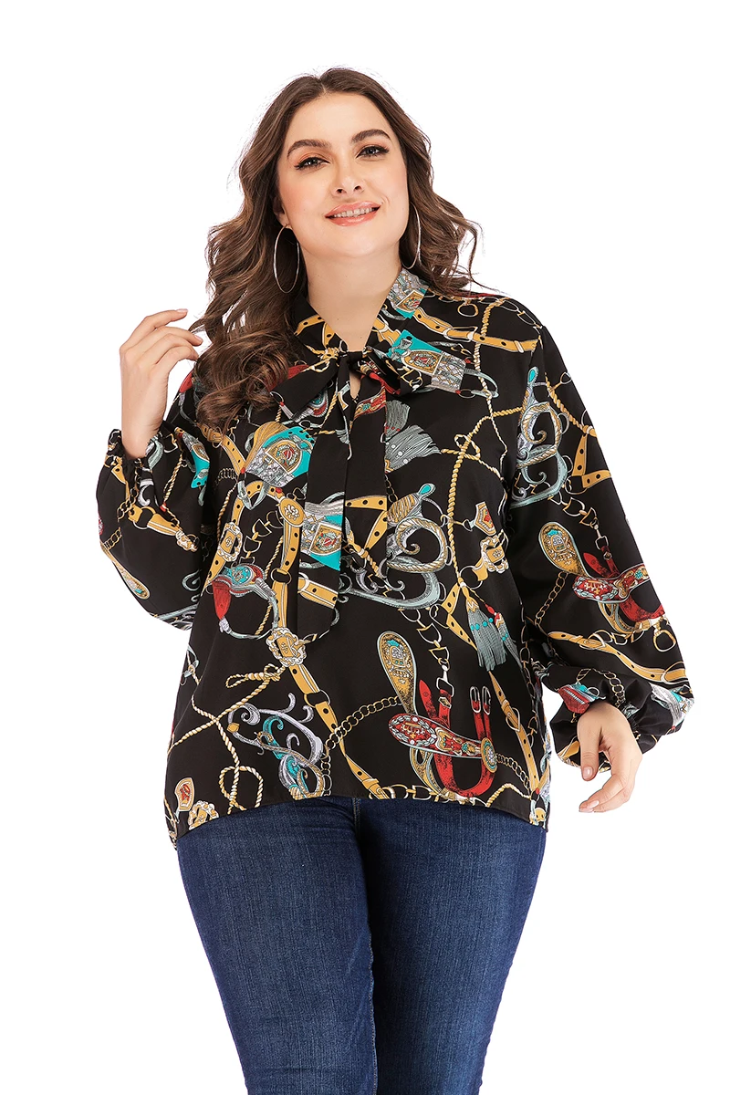  Fashion womens tops and shirts 2019 casual loose plus size 3XL 4XL print chiffon shirt long sleeve 