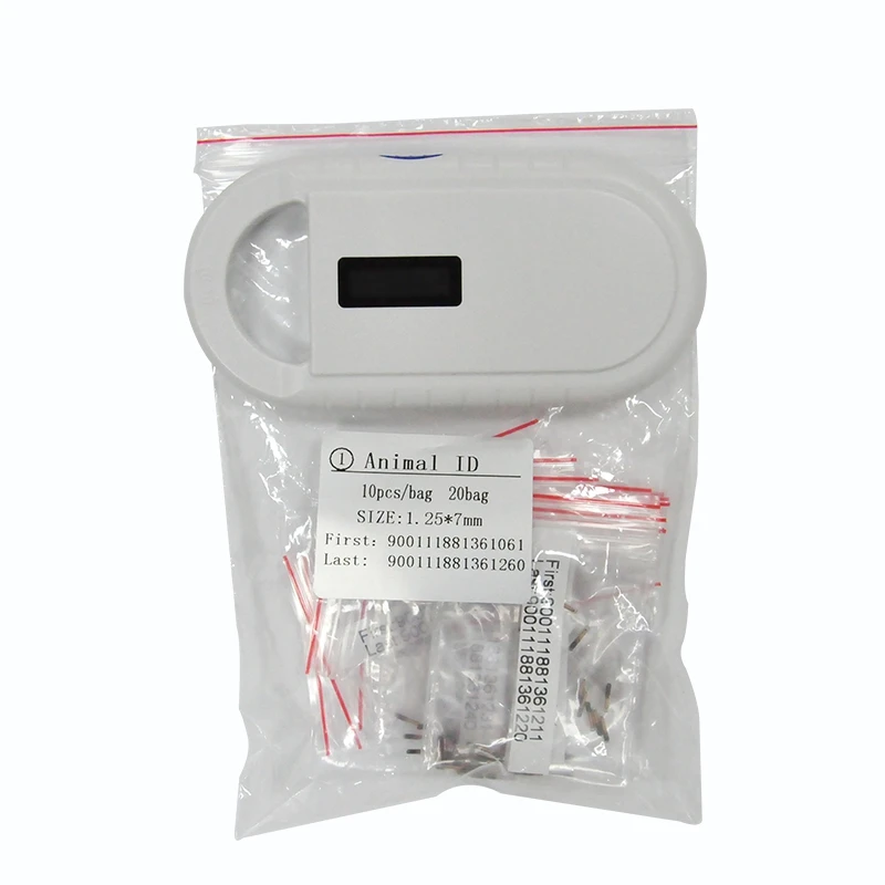 

10pcs 134.2KHz Lf FDX-B Animal Pet Rfid Microchip 1.25*7MM fish microchip + 1pc 134.2KHz Pet Microchip Scanner animal reader