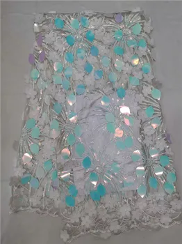 

French Net Lace Fabric 2018 Latest African Guipure Lace Fabric with Embroidery Mesh Tulle Gold Cord Sequins Lace Fabric sky blue