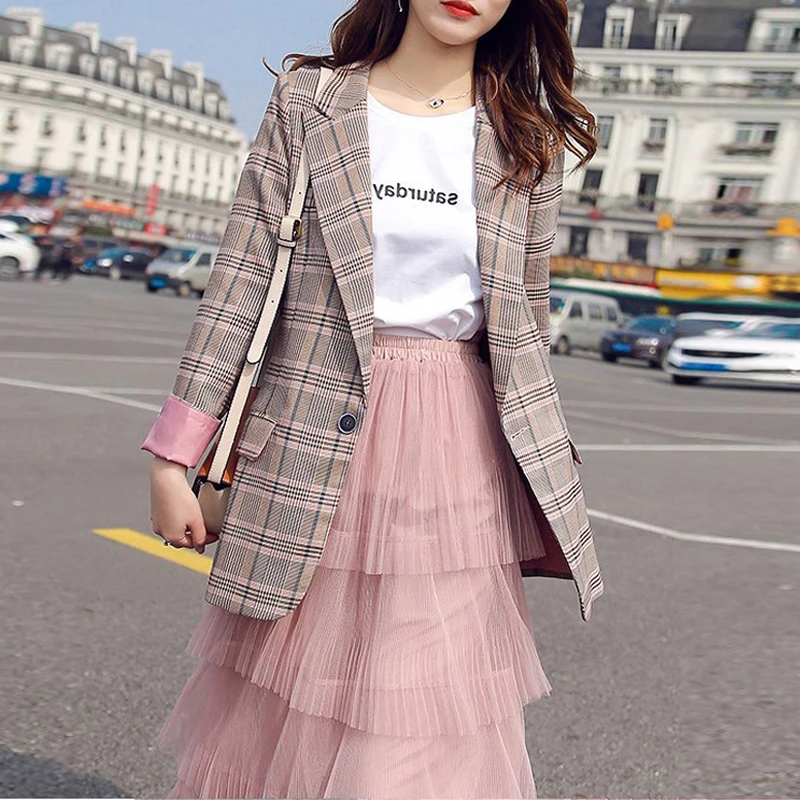 

Vintage Single Button Plaid Women Blazer Spring Summer Pockets Jackets Female Retro Suits Coat Work Feminino Outerwear Blaser