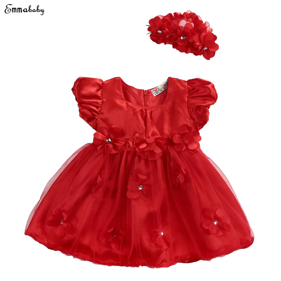 Emmababy Vintage Baby Girl Dress Formal Pageant RED Tulle Tutu Girls Dresses Little Princess Birthday Kids Clothing 0-3Y | Детская