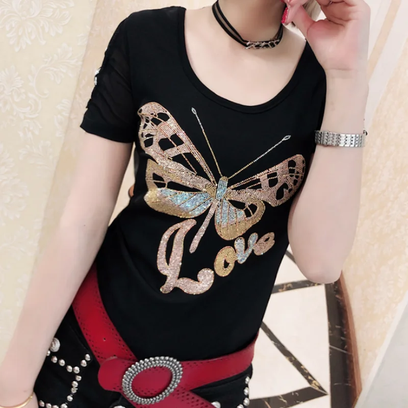 Женская футболка летняя с коротким рукавом и стразами|Футболки| |