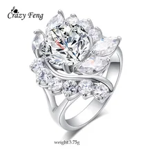 Big Elegant Flowers Engagement Rings Bridal Fashion Jewelry Luxury Full Crystal Rhinestone Silver Color CZ Ring For Women Bijoux