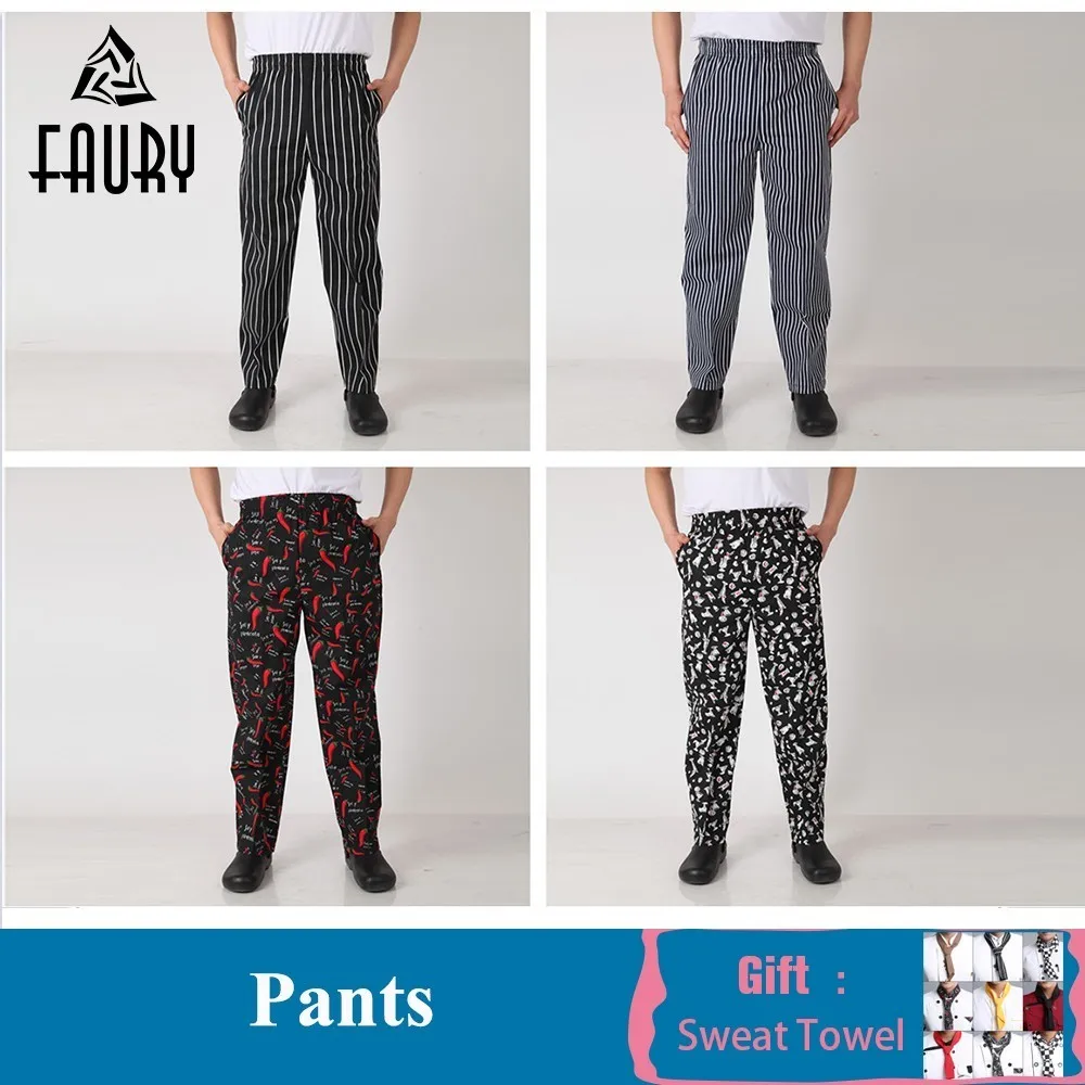 

Chef Pants Men Elastic Waist Long Trousers Restaurant Food Service Kitchen Hotel Waiter Casual Work Overalls Free Scarf Gift