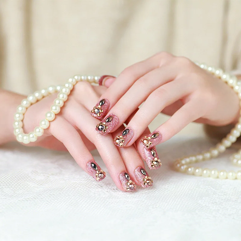 

24Pcs Women False Nails Tips Beads Decor Bride Quick Remove Fake Nails SSwell
