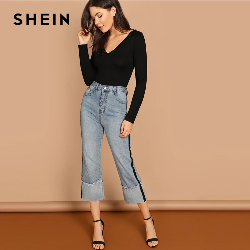 SHEIN Футболка С V-Образным Вырезом Облегающий Топ Женский Осенний Черный Элегантный Топ С Длинными Рукавами