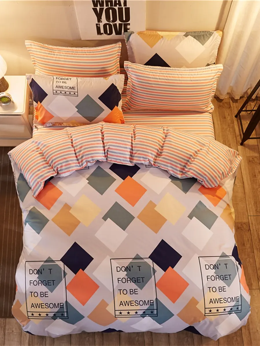 

4 Pcs Bedclothes Set Simple Colored Plaids Pattern Comfortable Bedsheet Set