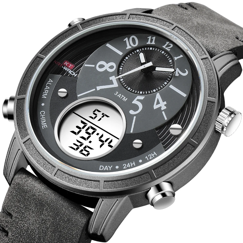 

2018 Reloj Luxury Watch Men Waterproof Leather Quartz Digital Watch Dual Time Watch Men Clock Male montre homme horloges mannen