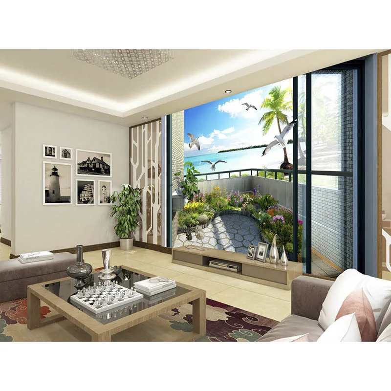 

Custom Any Size Mural Wallpaper Living Room Wallpaper 3D Painting Balcony, Flowers And Seascape TV Background 3D Mural Wallpaper