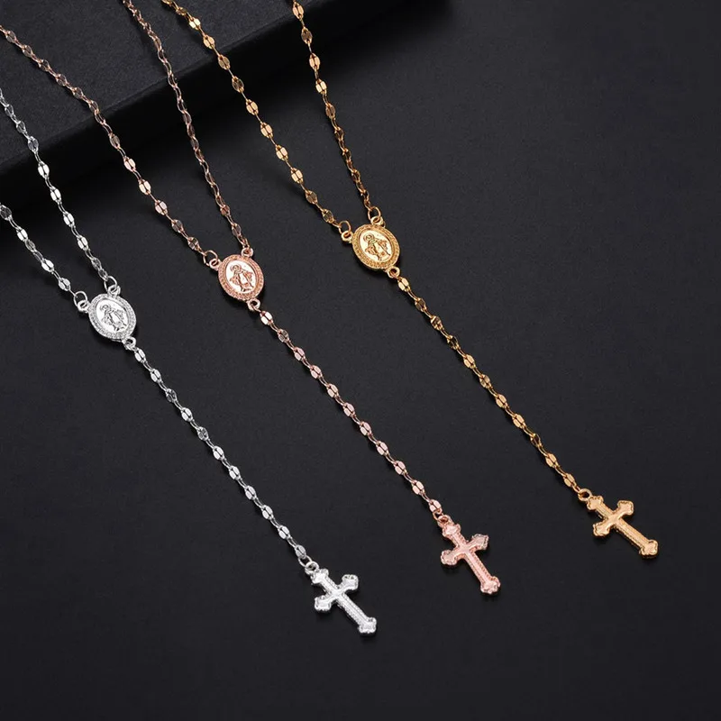 

Romad Fashion Cross Pendant Necklace Women Rose Gold Sliver Long Chain Men Rosary Madonna Coin Necklaces Religious Jewelry