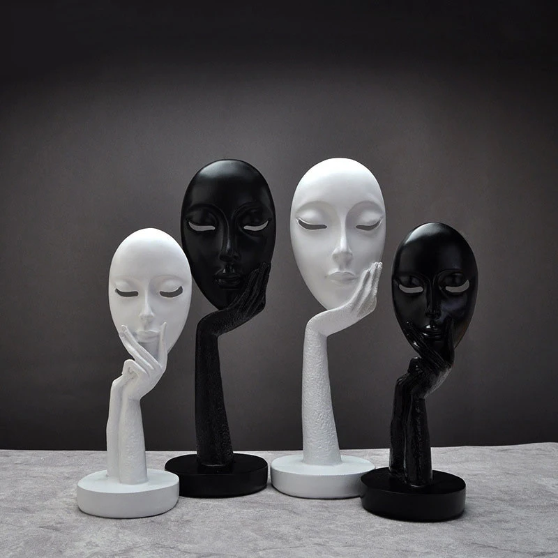 

Nordic Black White Face Figurines Resin Masks Ornaments Handmade Creative Decoration Home Mask Crafts Statues Sculpture Gifts