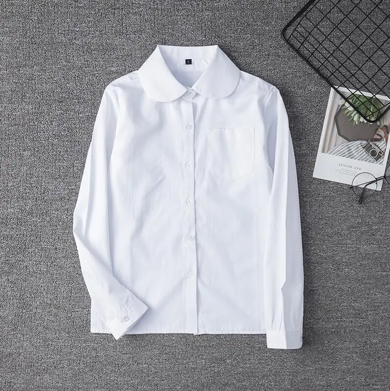 Школьная форма с заостренным круглым воротником для девочек, рубашка с длинными рукавами для женщин и мужчин, японская школьная форма, хлопковая белая Простая рубашка JKA4